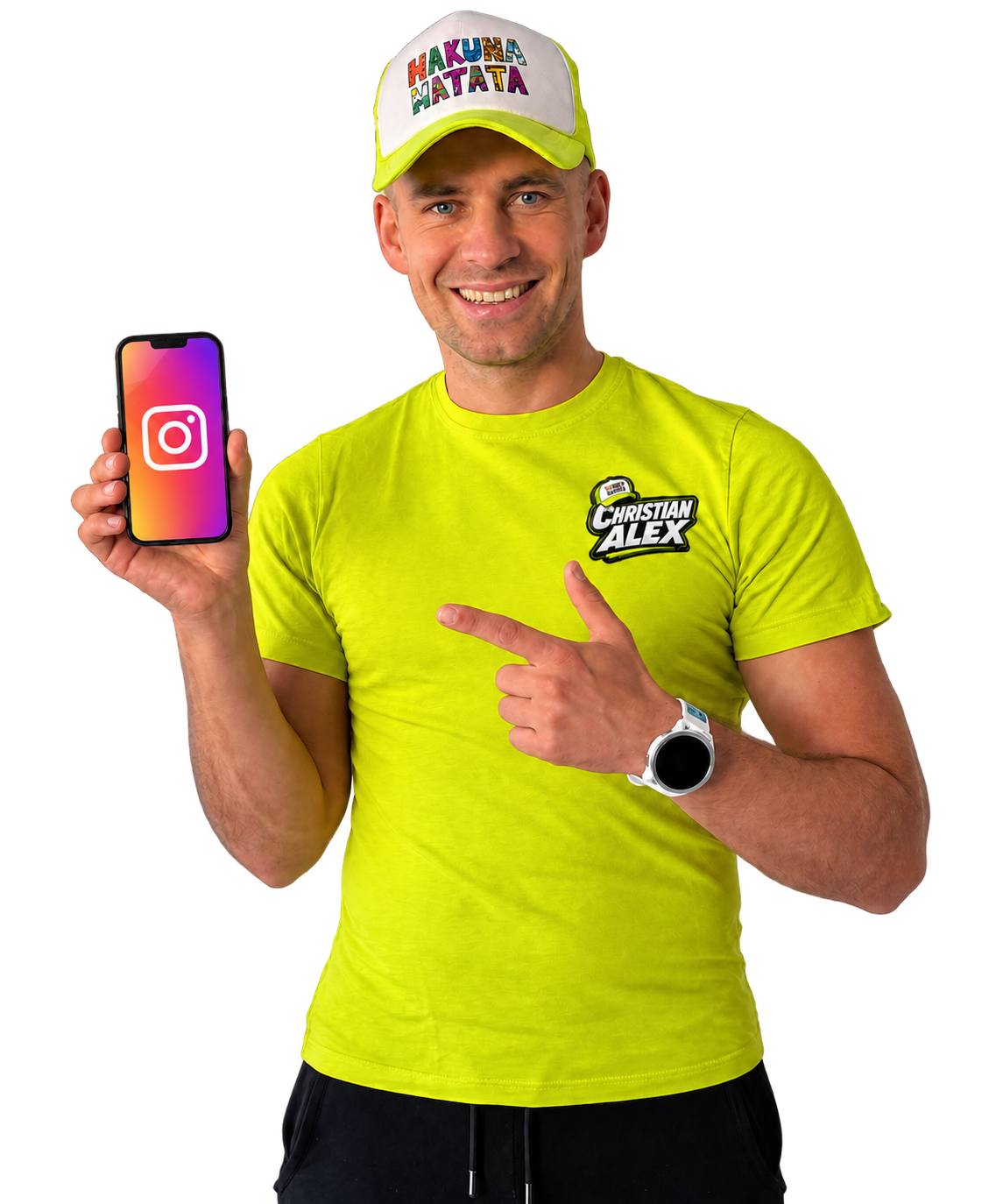 Christian Alex s telefónom zobrazujúcim Instagram